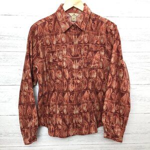 Woolrich Women's Rust Leaf Print Shirt Micro Wale Corduroy Button Front Small